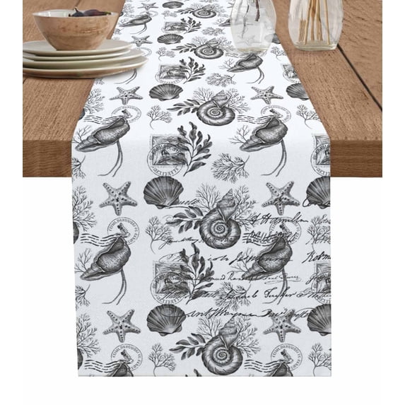 Black Coastal Table Runner 48 Inches, Tropical Leaves Starfish Coral Bed Runner Dresser Scarves Tabletop for Indoor Outdoor Parties/Ceremony/Banquet, 13" x 48"