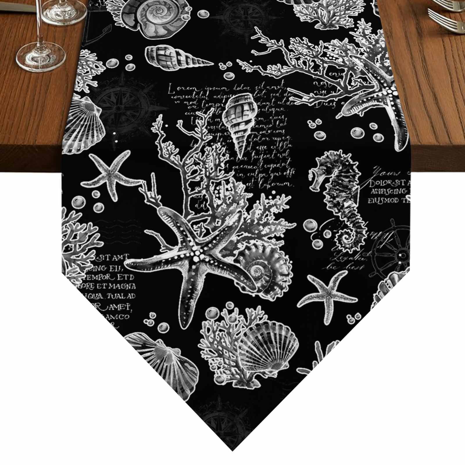 Black Coastal Table Runner for Dining Room, Starfish Shell Coral ...