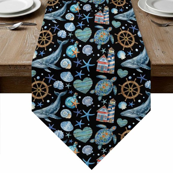 Black Coastal Table Runner Linen Burlap Table Runner 72 Inches Long Nautical Whale Shell Starfish Ocean Dresser Scarves for Kitchen Island Coffee Dining Room Party Wedding Holiday Decor 13"x72"