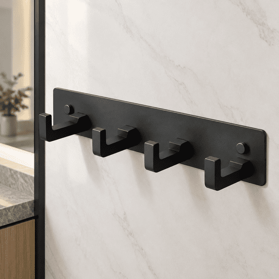 Black Coat Rack Wall Mount - 12.5" Rail with 4 Right-Angle Hooks