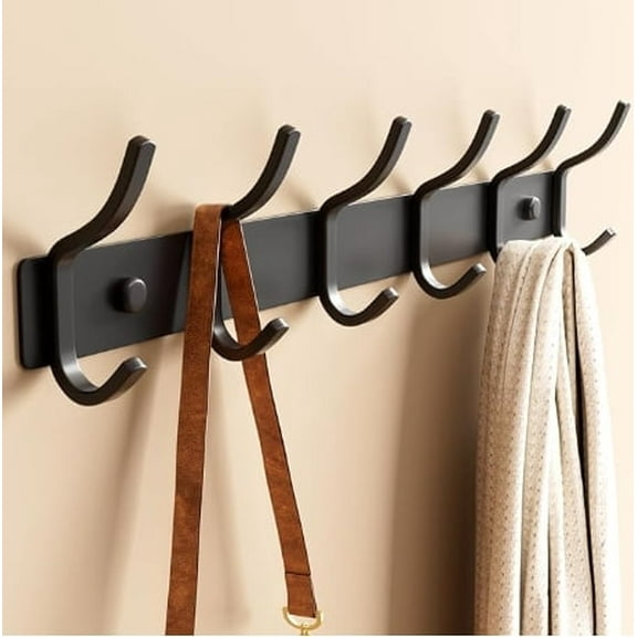 Black Coat Rack Wall Mount - 15 Inch Arc Shaped Design with 6 Hooks for Hanging Coats, Bags, and Towels in Entryway, Livingroom, Bedroom, Bathroom, and Kitchen, 1 Pack