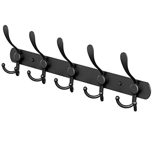 Black Coat Rack Wall Mounted - 16 Inch Heavy Duty Stainless Steel Matte Finish Wall Hook Rack - 5 Tri Coat Hooks for Hanging Towels,Bags,Hat - Bathroom Entryway - 1 Pack