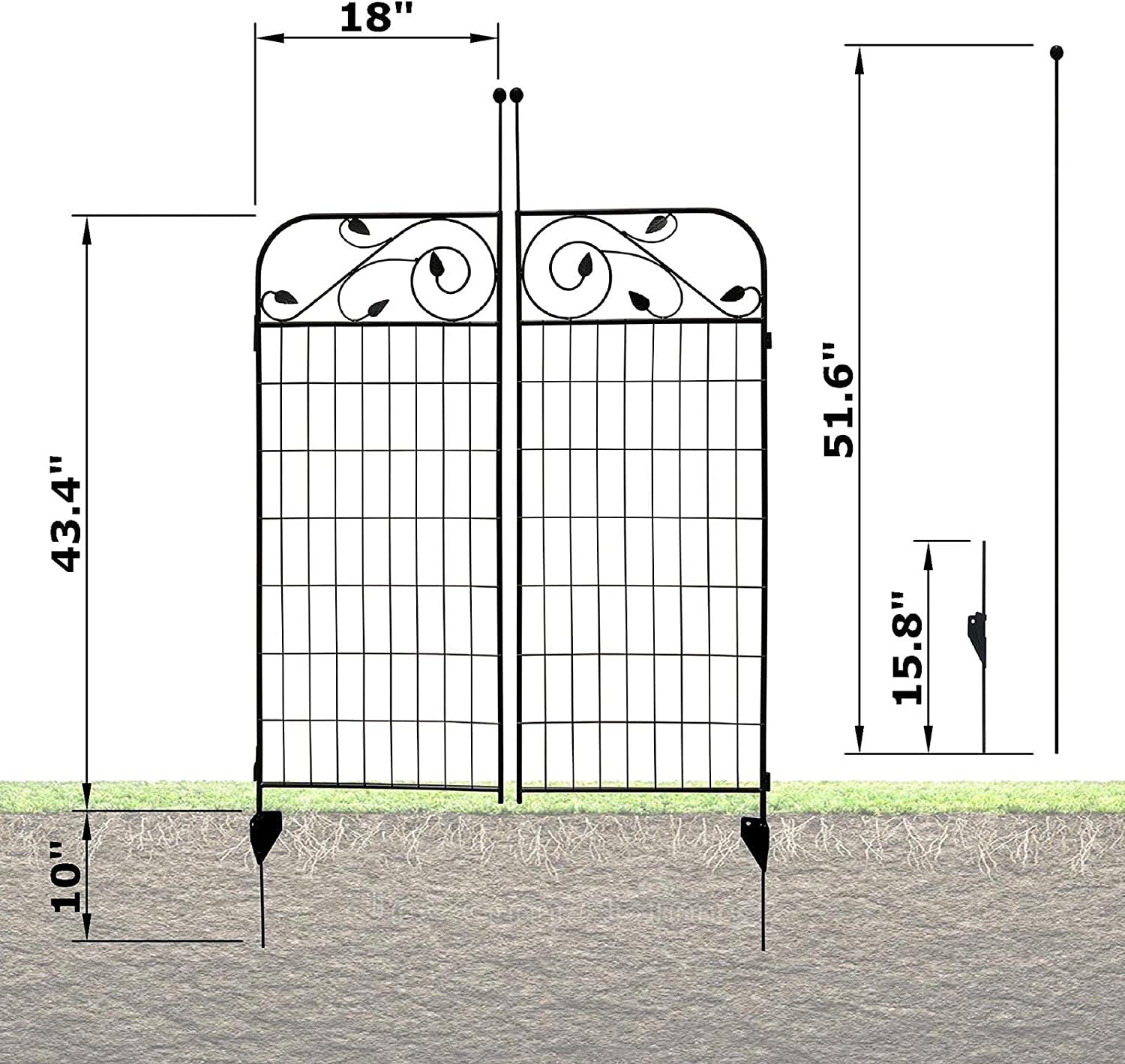 Black Coated Steel Decorative Garden Fence Gate with 8 Leaves, 44x36 Inches