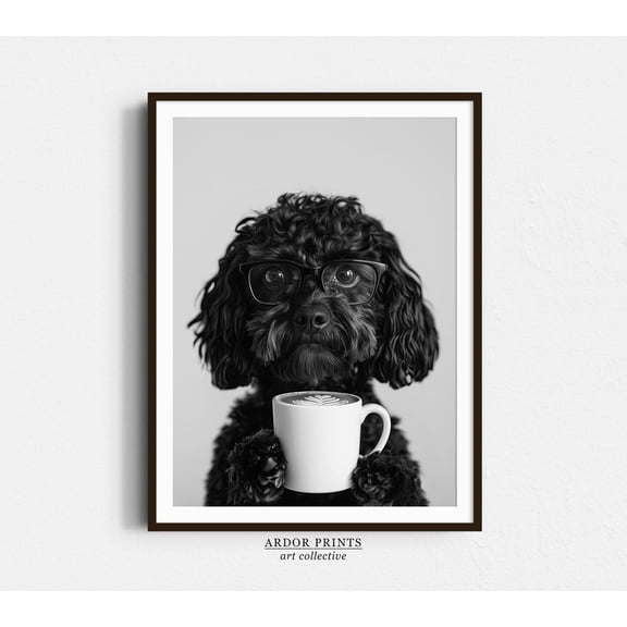 Black Cockapoo And Coffee Poster, White Lover Dog Bar, Kitchen And Gallery Wall Decor