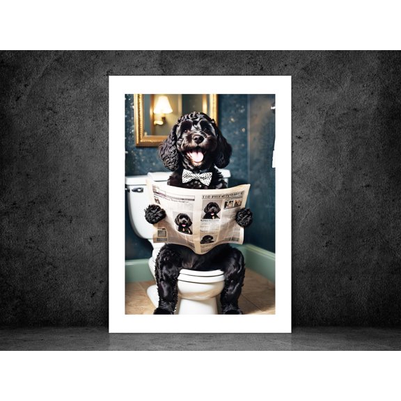 Black Cockapoo Dog With Bow Tie Toilet Bathroom Art Funny Pet Dog Print Poster Animal Art Gift Bespoke Poster, Poster Only