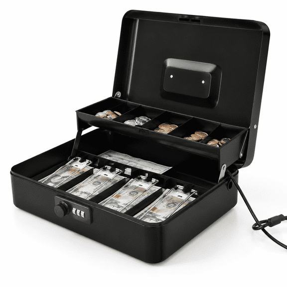 Black Code Large Locking Metal Box with Money Tray and Security Cable