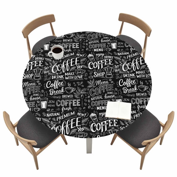 Black Coffee Fitted Tablecloth with Elastic Edged, Round Table Cloth for Dining Table, Farmhouses Modern Simple Cup Plants Waterproof Oil Proof Table Cover for Indoor Outdoor 36"-44"