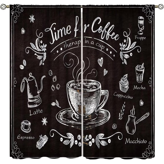Black Coffee Kitchen Curtains - Rustic Retro Cafe Curtains - Funny Coffee Print 2 Panel Sets 84x84 inches