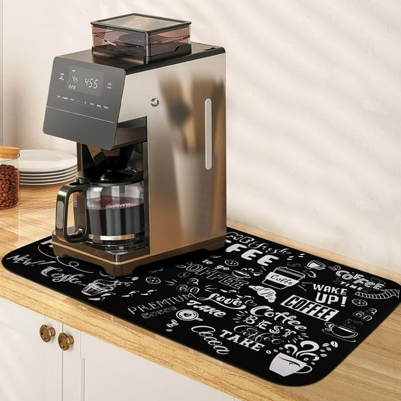 Black Coffee Mat,Absorbent Hide Stain Dish drying Mat for Kitchen Counter ,Non-slip and Easy Clean Kitchen Countertop Protection Drying Mat,Coffee Bar Decor Fit Under Coffee Maker (12"x18")
