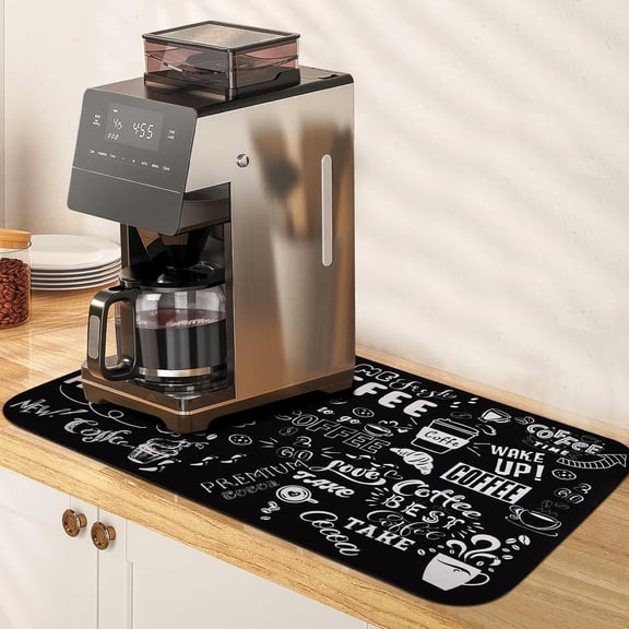 Black Coffee Mat,Absorbent Hide Stain Dish drying Mat for Kitchen Counter ,Non-slip and Easy Clean Kitchen Countertop Protection Drying Mat,Coffee Bar Decor Fit Under Coffee Maker (16"x24")