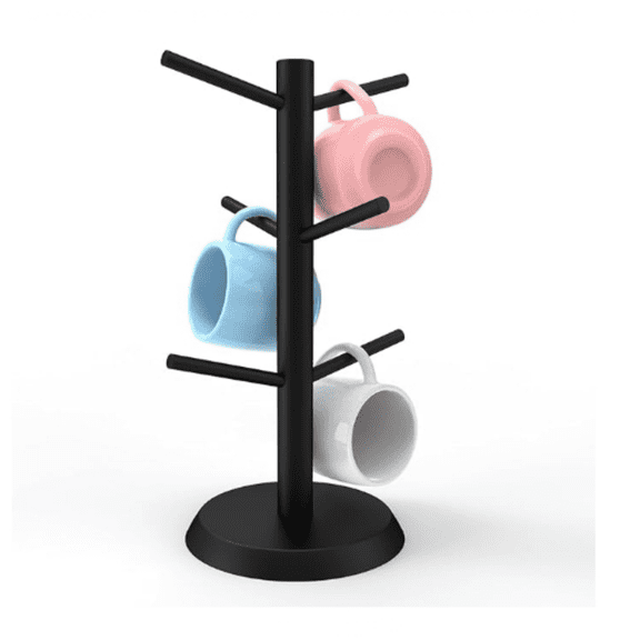 Black Coffee Mug Holder, Non-Slip Cup Tree With 6 Hooks for Counter, Rack (Black)