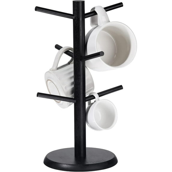 Black Coffee Mug Tree, Bamboo Mug Holder Base,Coffee Cup Stand Mug Holders with 6 Hooks for Countertop Coffee Mug Rack Organizer Stand for Counter Top, Coffee Bar Accessories