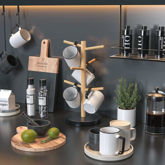 Black Coffee Mug Tree, Updated Thick Bamboo Mug Holder Base,Coffee Cup Stand Mug Holders with 6 Hooks for Countertop Cup Rack Organizer Stand (Black)