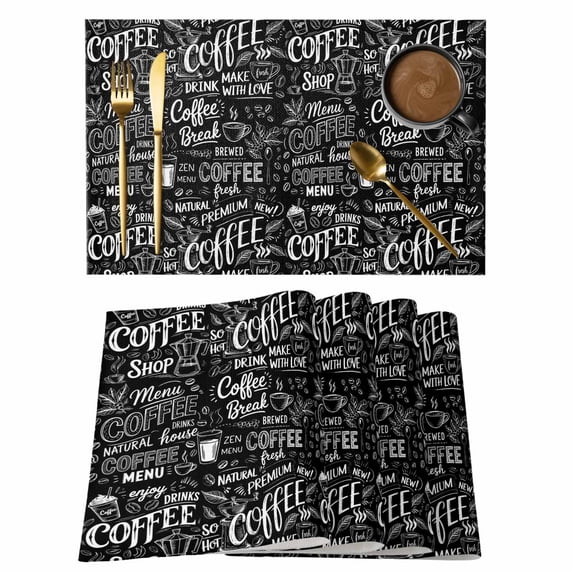Black Coffee Placemats Set of 4, Farmhouses Modern Simple Cup Plants Placemats for Dining Table, Place Mats for Kitchen Tabletop, Waterproof Wipeable Dining Table Mats Set