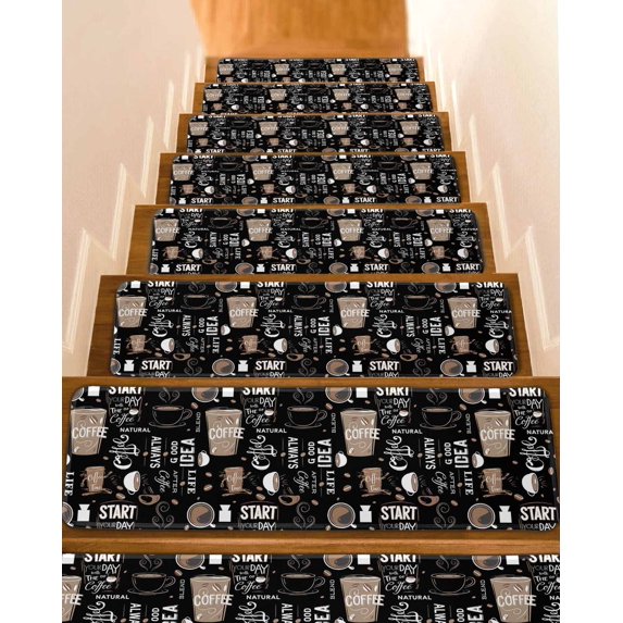 Black Coffee Stair Treads Non Slip Indoor for Wooden Steps, Modern Rustic Coffee Cup Beans 10 Pcs Stair Mats for Elders Dogs, 8 x 30 Inch Carpet Treads Runner Rugs for Staircase