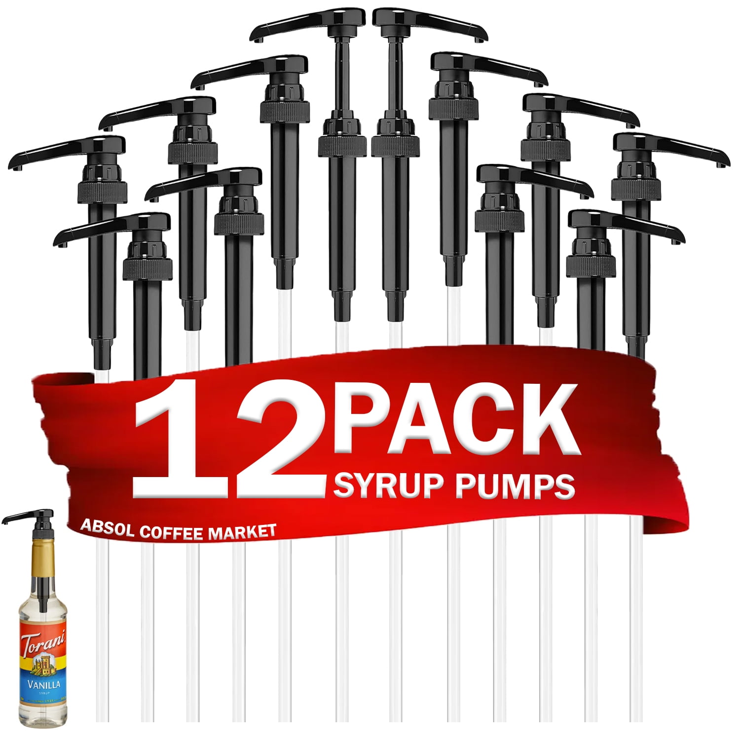 Black Coffee Syrup Pump, 12 Pack, for 750ml/25.4 oz Syrup Bottle, White