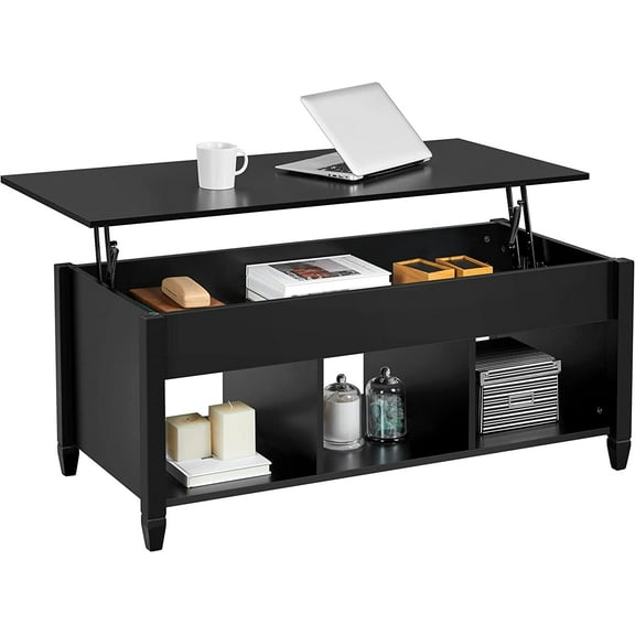 Black Coffee Table, 47.5in Lift Top Coffee Table, Lift Up Center Table w/Hidden Compartment & 3 Cube Open Shelves for Living Room