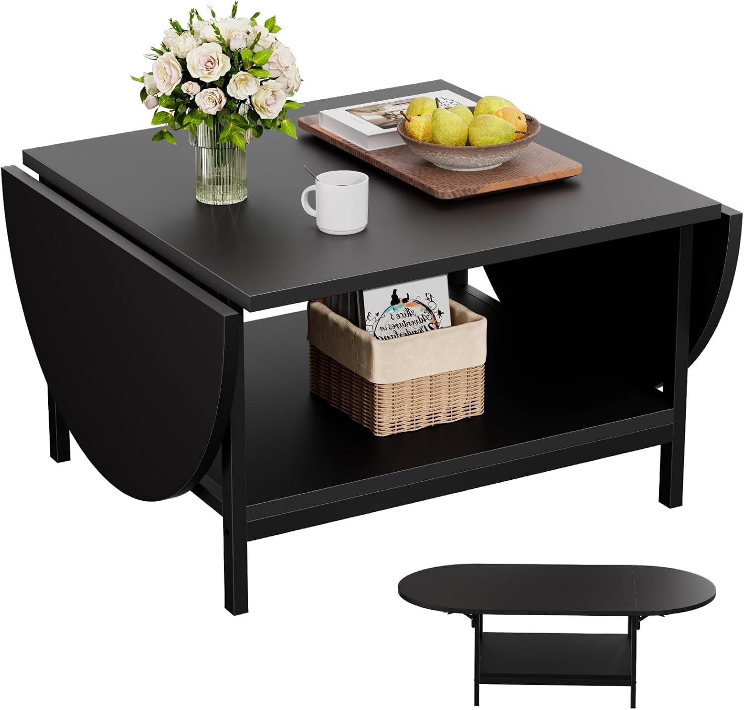 Black Extendable Coffee Table with Storage and Metal Legs
