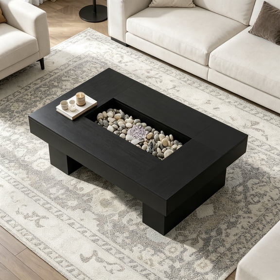 Black Coffee Table, Modern Wood LED Living Room Table with Storage, Unique Large Wide Rectangle Center Table with LED Light, Contemporary Low Tea Table for Bedroom, Home Office, 47.24", Black Oak