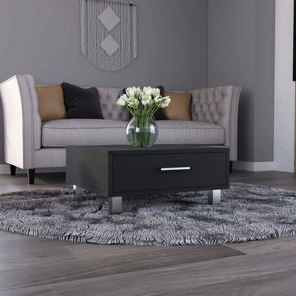 Black Coffee Table Of Hardship, One Drawer Presentation, Four Feet, Fine Display Surface Cylinder, Metal - Finish, Capacity, Strong Superior Zone,