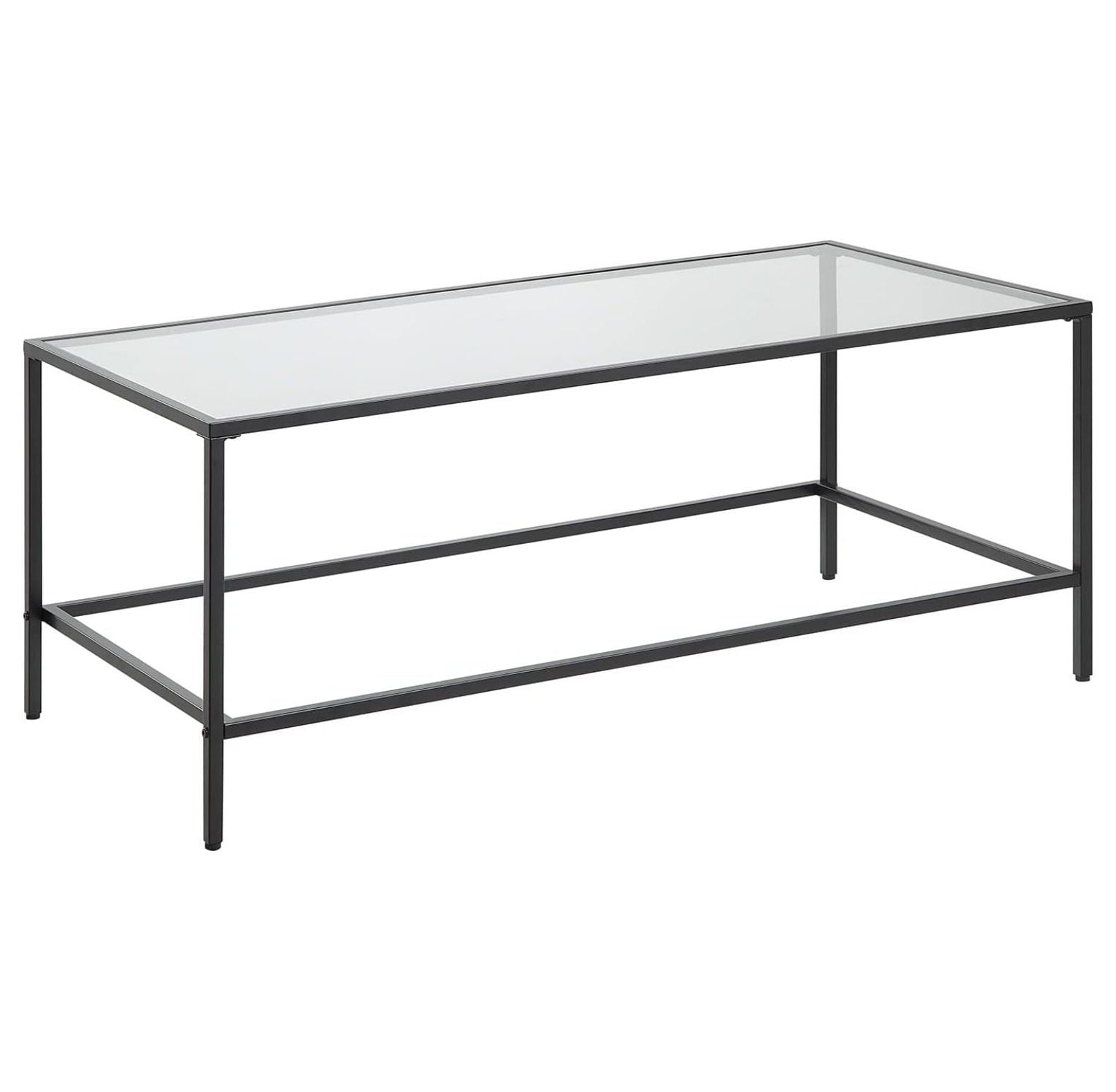 Black Coffee Table, Tempered Glass Wide Rectangle Coffee Table with ...