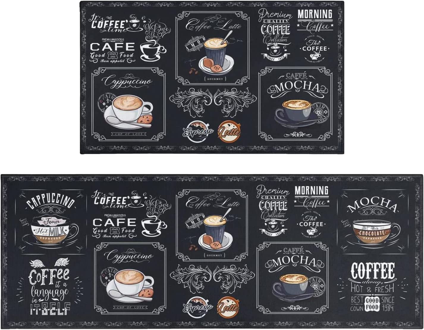 Black Coffee Theme Kitchen Rugs Set of 2,Cafe Kitchen Rugs and Mats Non Skid Washable,Black Kitchen Runner Rugs with Rubber Backing (Classical-Tea 17"x48"+17"x30")