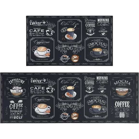 Black Coffee Theme Kitchen Rugs Set of 2,Cafe Kitchen Rugs and Mats Non Skid Washable,Black Kitchen Runner Rugs with Rubber Backing (Classical-Tea 17"x48"+17"x30")