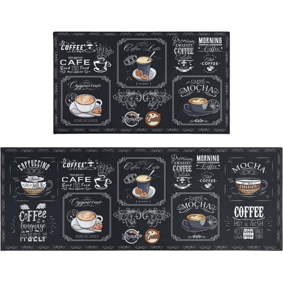 Black Coffee Theme Kitchen Rugs Set of 2,Cafe Kitchen Rugs and Mats Non Skid Washable,Black Kitchen Runner Rugs with Rubber Backing (Classical-Tea 17"x48"+17"x30")