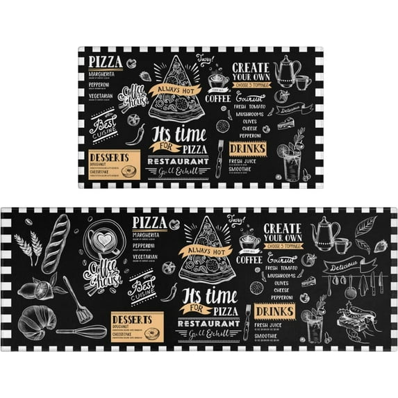Black Coffee Theme Kitchen Rugs Set of 2,Cafe Kitchen Rugs and Mats Non Skid Washable,Black Kitchen Runner Rugs with rubber dot Backing (Pizza Time 17"x47"+17"x30")