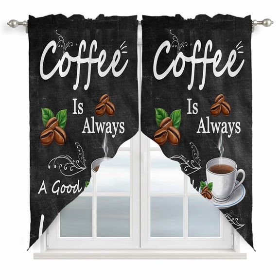 Black Coffee Vintage Kitchen Window Curtains, Swag Curtains Valance for Bedroom Living Room Bathroom, Farmhouse Coffee Cup Bean Rod Pocket Window Treatment Curtain Block Drapes 2 Panels 28"x36"