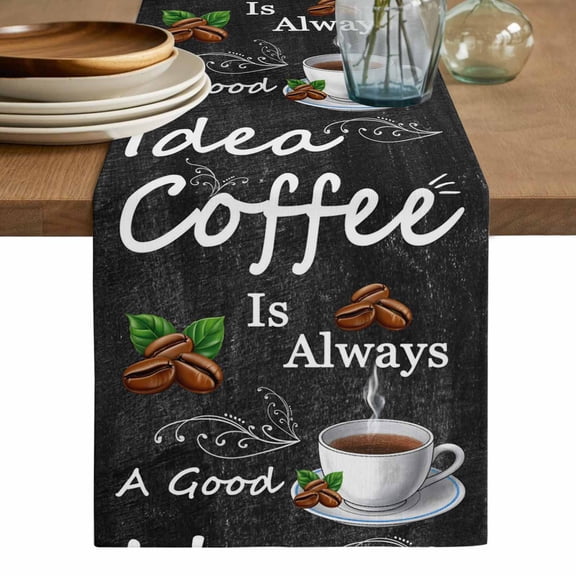 Black Coffee Vintage Table Runner, Farmhouse Coffee Cup Bean Washable Cotton Linen Table Runners 36 Inches Long, Dresser Scarf Runner for Nightstand/End Tables/Round Tables 13''x36''