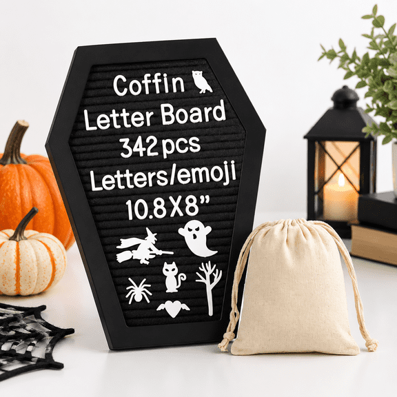 Black Coffin Felt Letter Board with 342 Changeable Letters, 10.8x8 Inch Gothic Message Sign