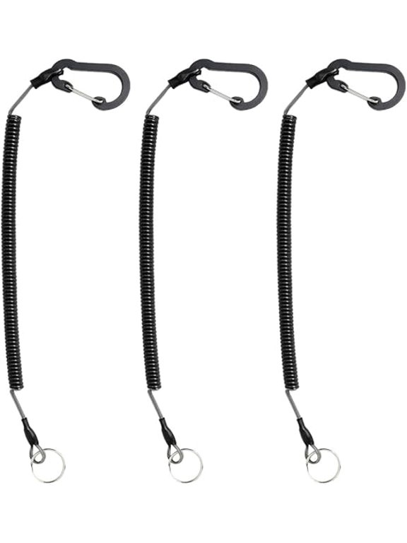Black Coiled Anti-Loss Safety Tethers, 1 Meter, 3 Pack with Carabiner Clips and Split Rings for Keys and Badges