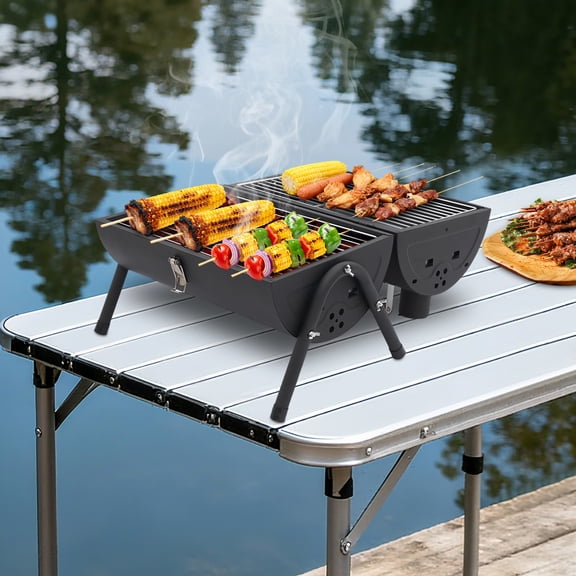 Black Cold-Rolled Iron 43*29*38cm Chimney Charcoal Oven Double-Mesh Frying Pan Portable Outdoor Barbecue Grill