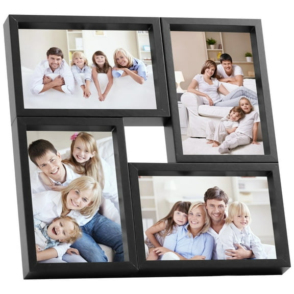 Black Collage Picture Frame, Holds 4 Pcs 6 in/15.24 cm Photos, Asymmetrical Design, Modern Aesthetic, Engineered Wood Material, Versatile for Desk or Wall Display, Multi Photo Frame
