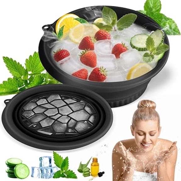 Daletu Collapsible Silicone Face Ice Bath Bowl Set with Built-In Ice Tray, Portable Cold Plunge Basin for Home Camping Travel Spa, Black