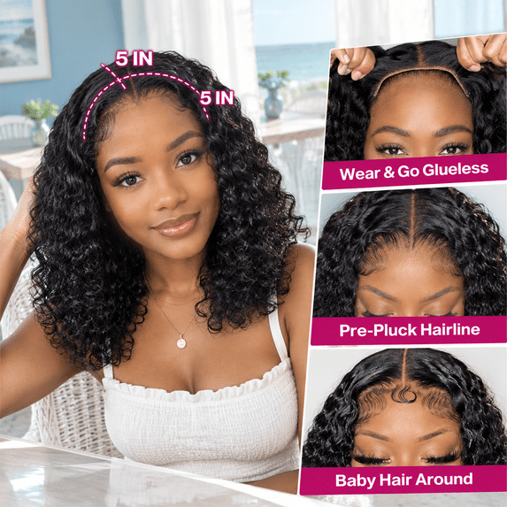 Black Color 14 Inch Curly Bob Human Hair Wig, Deep Wave 5x5 HD Lace ...