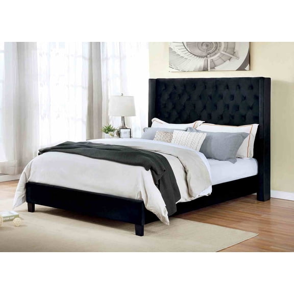 Black Color 1pc Queen Size Bed Wingback Design HB Bedroom Furniture Tufted Upholstered Bedframe
