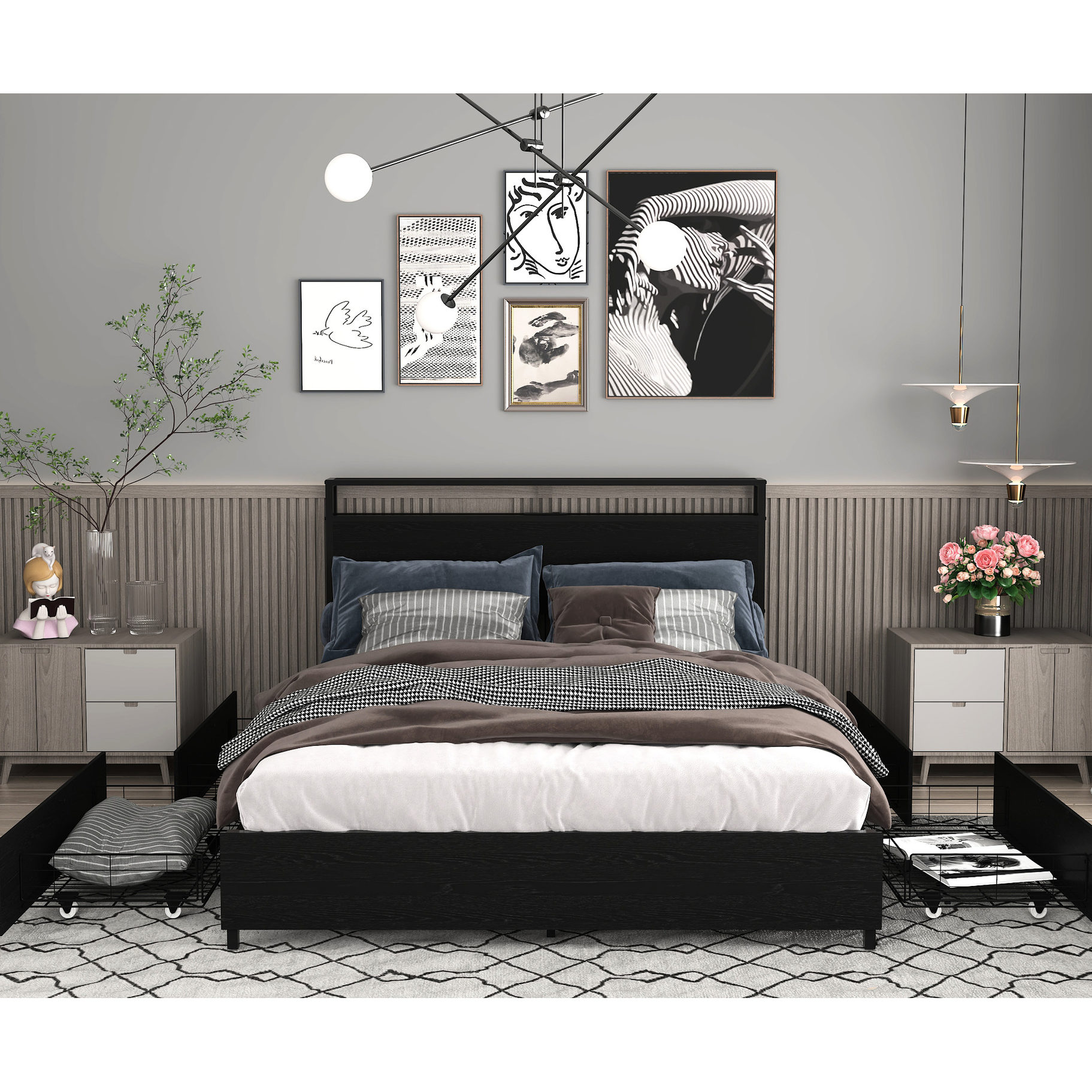 Black Color - 2 Outlets & 2 USB Ports - Bedroom Charging - Convenient ...