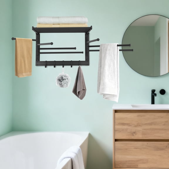 Black Color Bathroom Towel Shelf, Modern Style Towel Rack with 5 Hooks, Wall Mounted Bath Towel Holder for the hotel, spa, sauna, salon, laundry, bathroom, bedroom, balcony