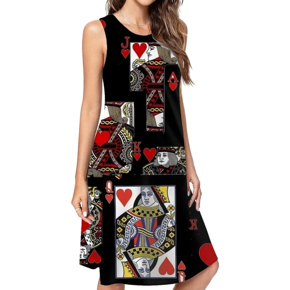 Black Color Casino Suites Hearts Patterns Spring Summer Dresses For Women Fashion Dress Casual Sleeveless Loose Sundress With Pockets
