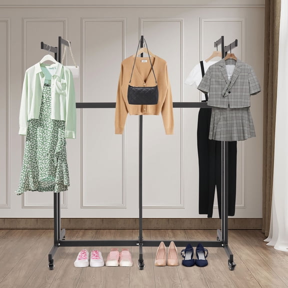 Black Color Clothing Retail Rack, 6 Arms Garment Rack with Wheels, Height Adjustable Shirt Rack used in entrances, bedrooms, balconies, offices, laundry room