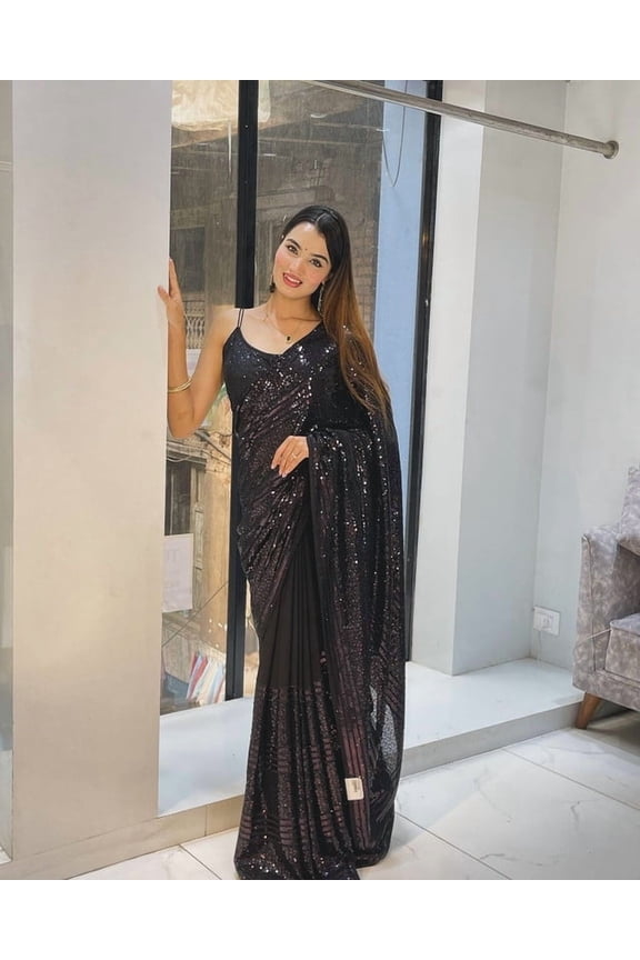 Black Color Georgette Fabric Saree Blouse Sequins Embroidery Work Dress