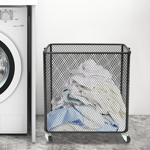 Black Color Laundry Basket with Wheels, Freestanding Rolling Laundry ...