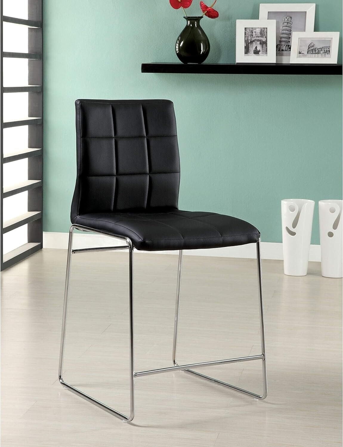 Black Color Leatherette Counter Height Dining Chairs 2pcs Set Chrome Legs Modern Dining Room ...