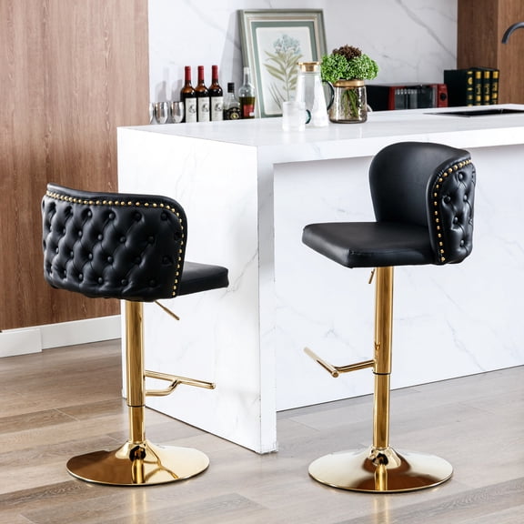 Black Color PU - Adjustable Swivel and Tufted Backrest - For Home Pub and Kitchen Island - Modern Seating Set