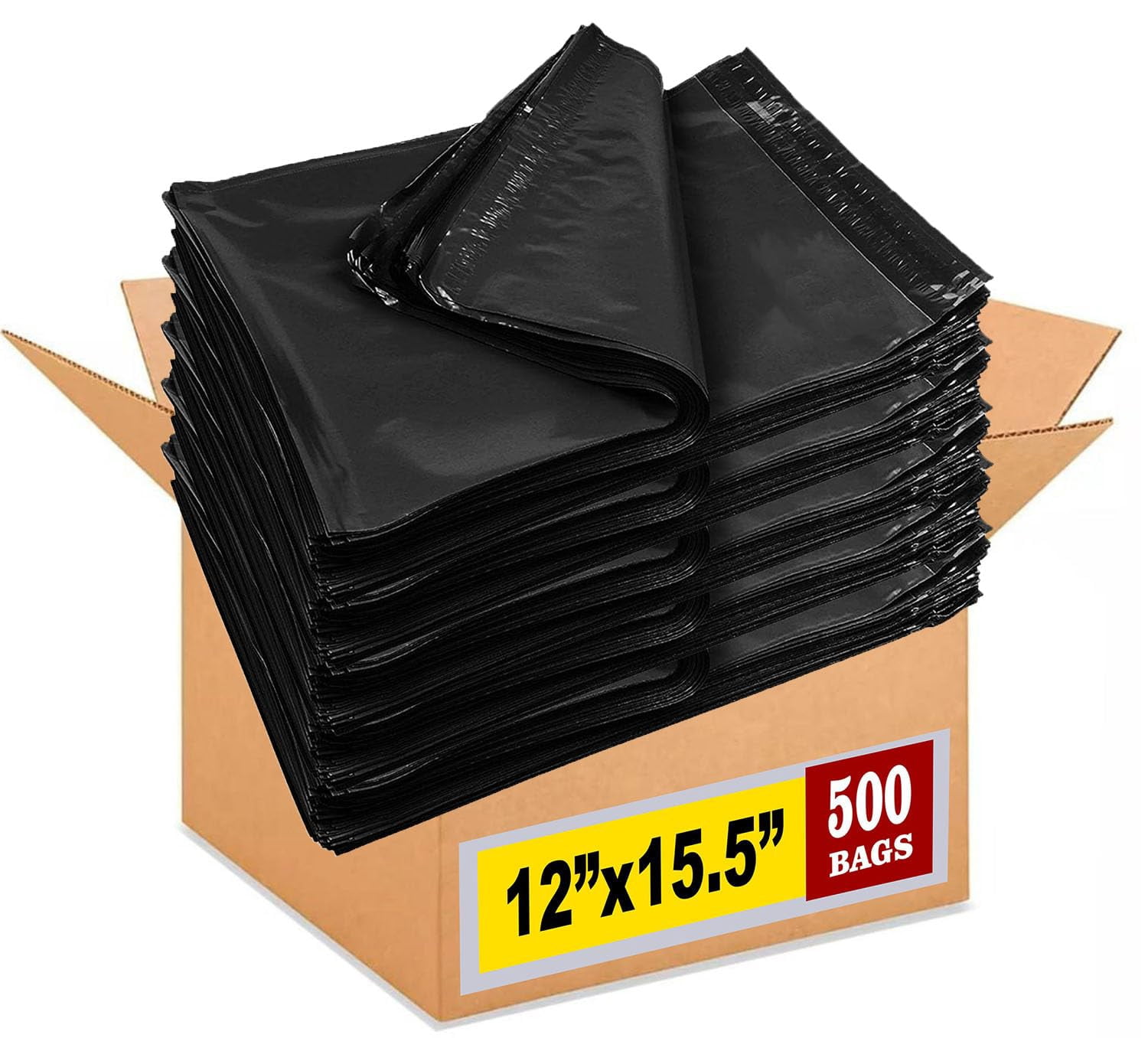 Black Color Poly Mailers 12x15.5 Inch 500-Pack, Self Seal Shipping Envelopes for Small Business, Lightweight Durable Mailing Bags, Black
