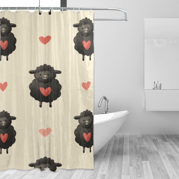 Black Color Sheep Heart Valentine Shower Curtains with 12 Hooks Waterproof Bathroom Decor 48" x 72"