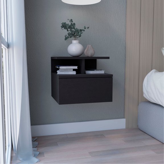 Black Color, Wall-Mounted Feature - Single Drawer Functionality - Bedside Setup - Functional Bedroom Piece