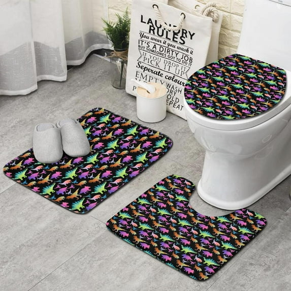 Black Colorful Dinosaurs Pattern Bathroom Rugs Sets 3 Piece,Toilet Cover Set,Absorbent Non Slip Bathroom Mats Sets with U-Shaped Contour Rug Toilet Rug Set